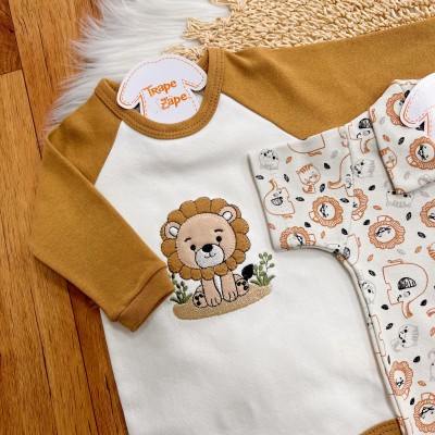 Conj. de Malha 3 peças - Leãozinho com Jubinha e Safari - Caramelo e Off White